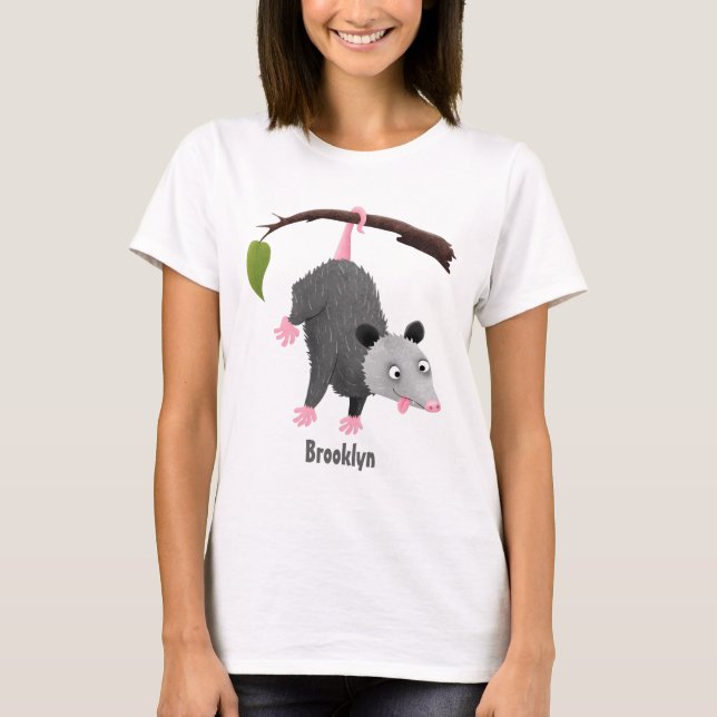 Cute funny opossum hanging from branch cartoon T-Shirt (Front)