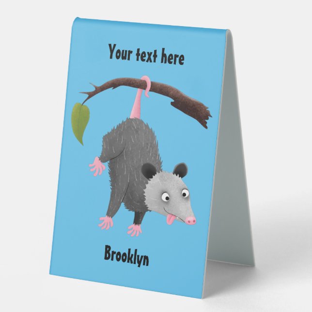 Cute funny opossum hanging from branch cartoon table tent (Front)