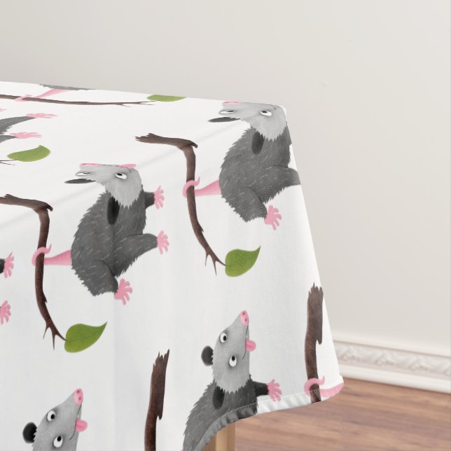 Cute funny opossum hanging from branch cartoon tablecloth (In Situ)