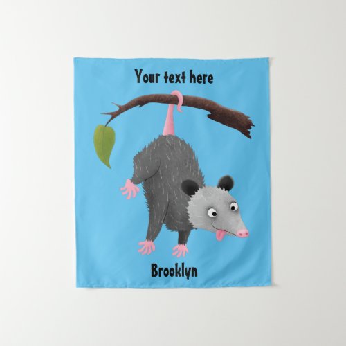 Cute funny opossum hanging from branch cartoon tapestry