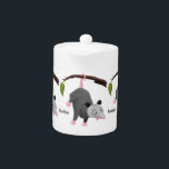 Cute funny opossum hanging from branch cartoon teapot<br><div class="desc">This cute happy opossum is just hanging around for fun! Drawn in silly cartoon illustration style.</div>
