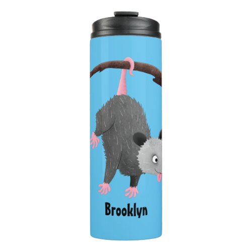 Cute funny opossum hanging from branch cartoon thermal tumbler