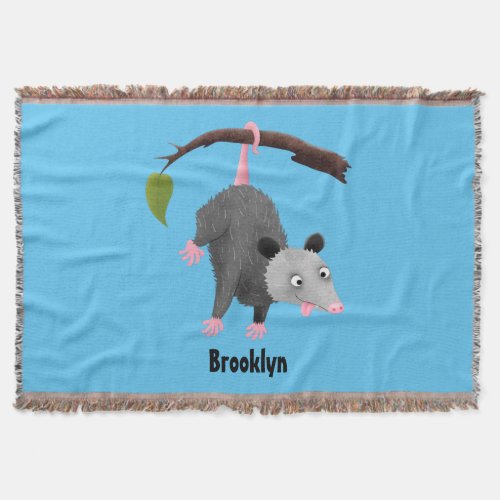 Cute funny opossum hanging from branch cartoon throw blanket