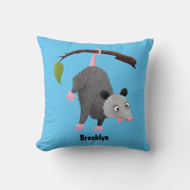 Cute funny opossum hanging from branch cartoon  throw pillow (Front)
