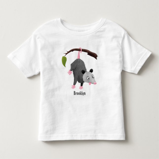 Cute funny opossum hanging from branch cartoon toddler t-shirt (Front)