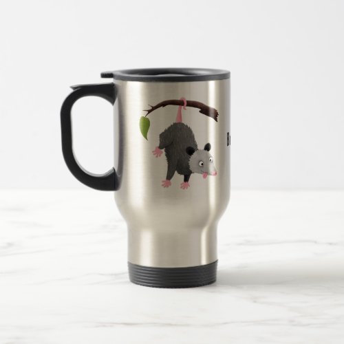 Cute funny opossum hanging from branch cartoon travel mug