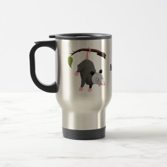 Cute funny opossum hanging from branch cartoon travel mug (Left)