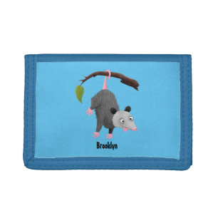 Cute funny opossum hanging from branch cartoon tri-fold wallet
