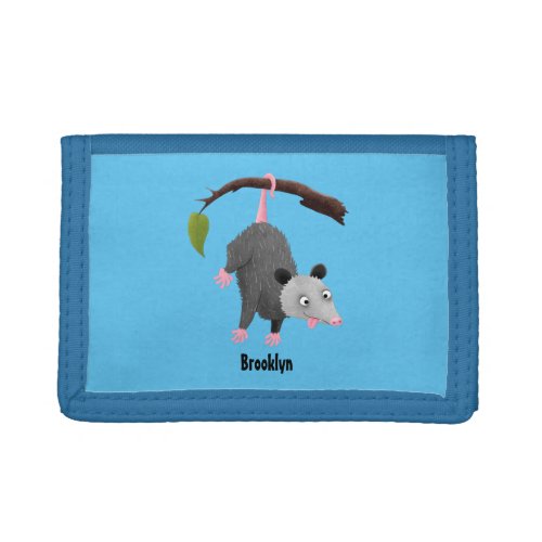 Cute funny opossum hanging from branch cartoon trifold wallet