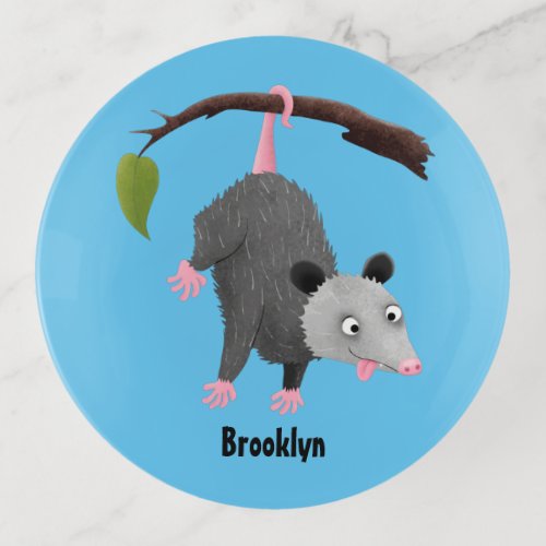 Cute funny opossum hanging from branch cartoon trinket tray