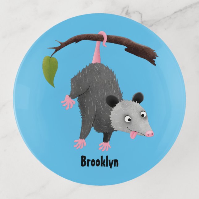 Cute funny opossum hanging from branch cartoon trinket tray (Front)