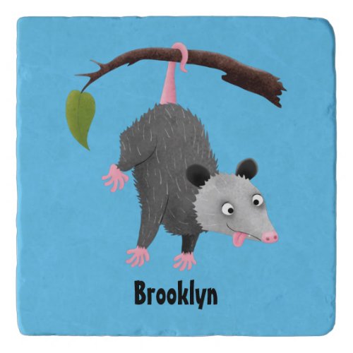 Cute funny opossum hanging from branch cartoon  trivet