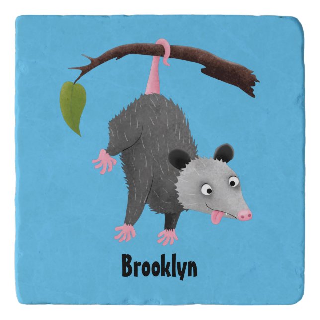 Cute funny opossum hanging from branch cartoon  trivet (Front)