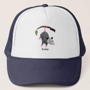 Cute funny opossum hanging from branch cartoon trucker hat
