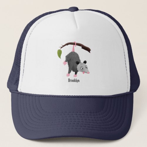 Cute funny opossum hanging from branch cartoon trucker hat