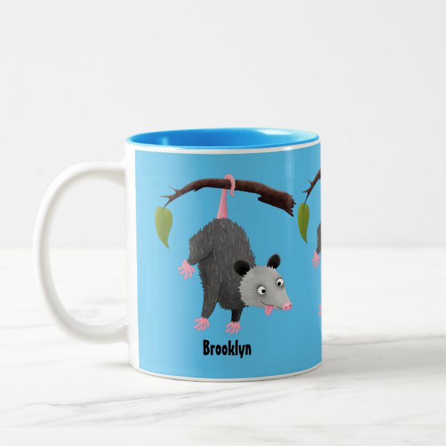 Cute funny opossum hanging from branch cartoon  Two-Tone coffee mug (Left)