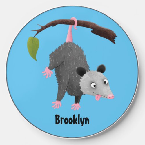 Cute funny opossum hanging from branch cartoon  wireless charger 