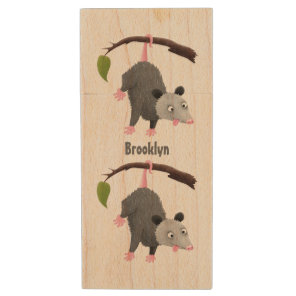 Cute funny opossum hanging from branch cartoon  wood flash drive