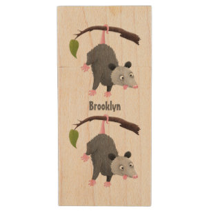Cute funny opossum hanging from branch cartoon wood flash drive