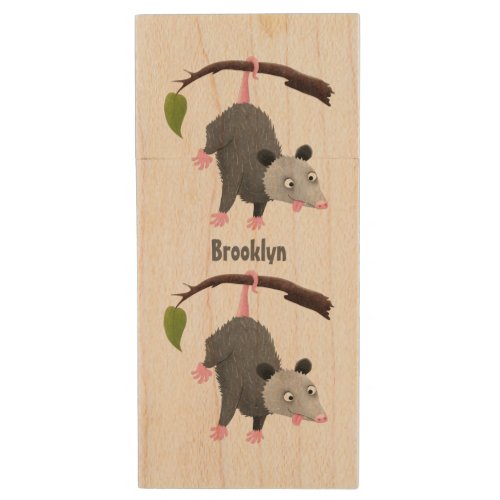 Cute funny opossum hanging from branch cartoon  wood flash drive