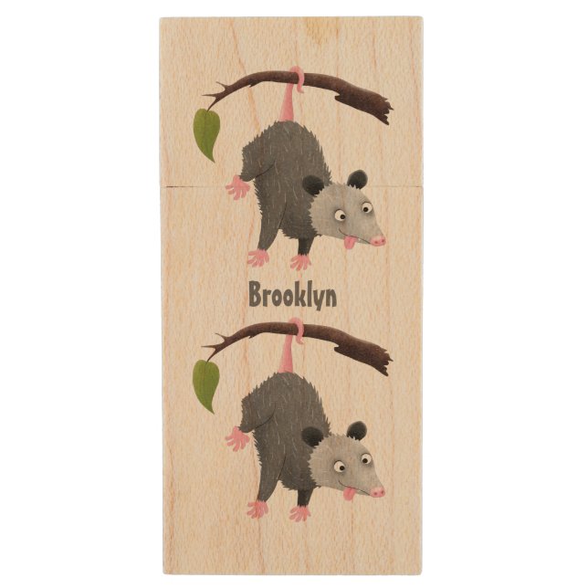 Cute funny opossum hanging from branch cartoon  wood flash drive (Front Vertical)