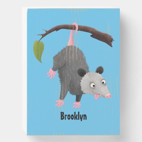 Cute funny opossum hanging from branch cartoon  wooden box sign