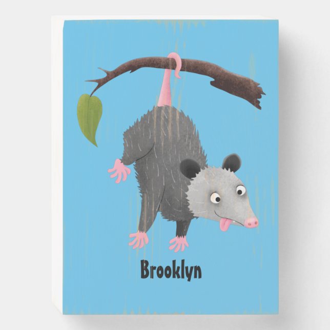 Cute funny opossum hanging from branch cartoon  wooden box sign (Front Vertical)