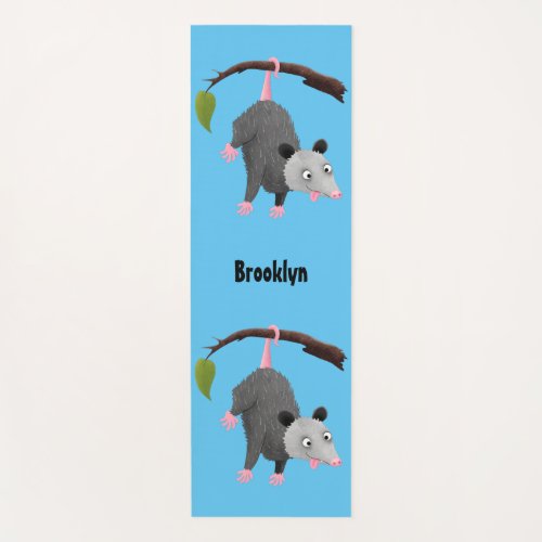 Cute funny opossum hanging from branch cartoon yoga mat