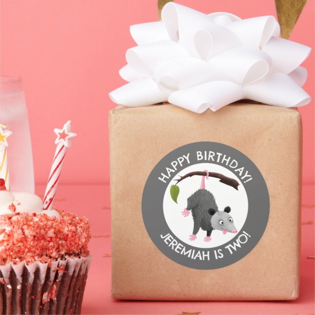 Cute funny opossum personalized birthday cartoon classic round sticker (Party)