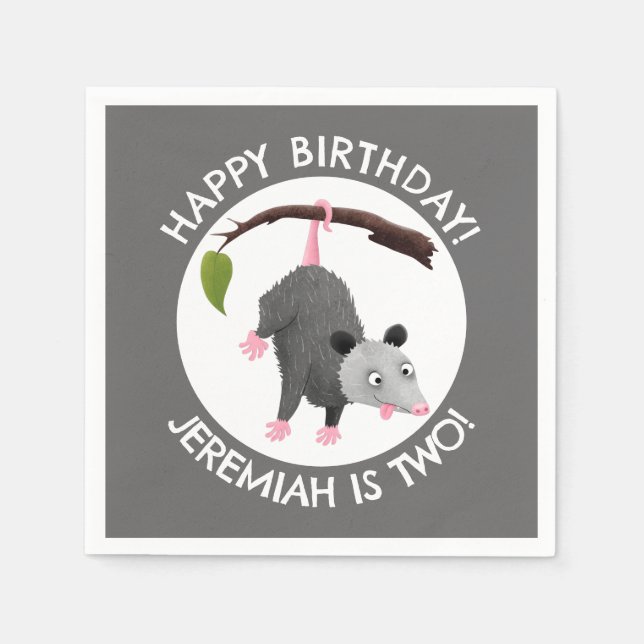 Cute funny opossum personalized birthday cartoon napkins (Front)