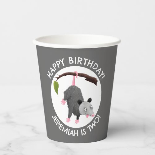 Cute funny opossum personalized birthday cartoon paper cups