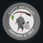 Cute funny opossum personalized birthday cartoon paper plates<br><div class="desc">This cute happy opossum is just hanging around for fun! Drawn in silly cartoon illustration style.</div>