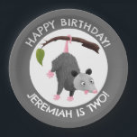 Cute funny opossum personalized birthday cartoon paper plates<br><div class="desc">This cute happy opossum is just hanging around for fun! Drawn in silly cartoon illustration style.</div>
