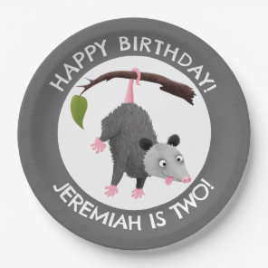 Cute funny opossum personalized birthday cartoon paper plates