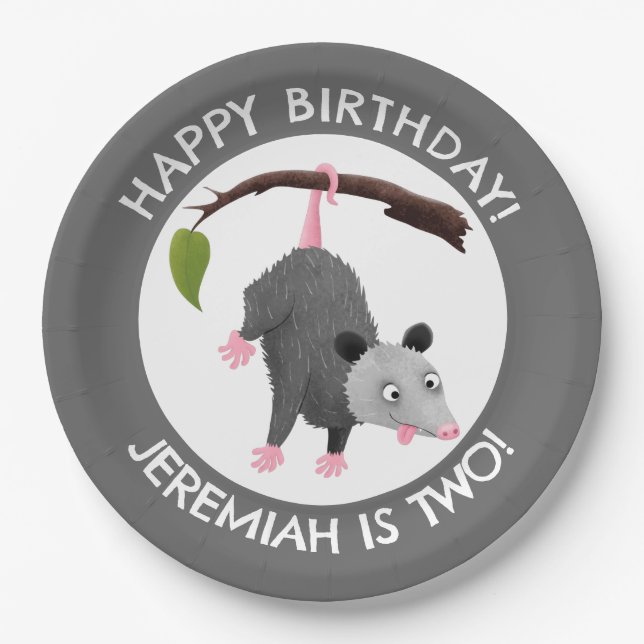 Cute funny opossum personalized birthday cartoon paper plates (Front)