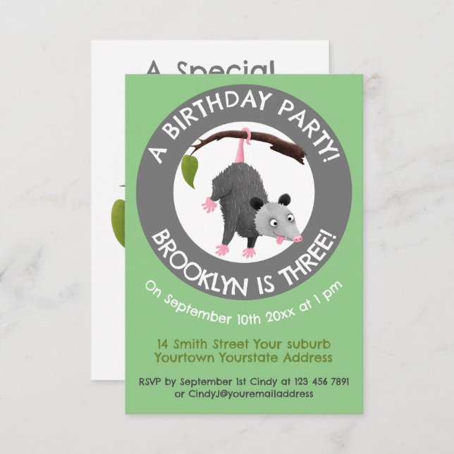 Cute funny opossum personalized cartoon birthday invitation (Front/Back)