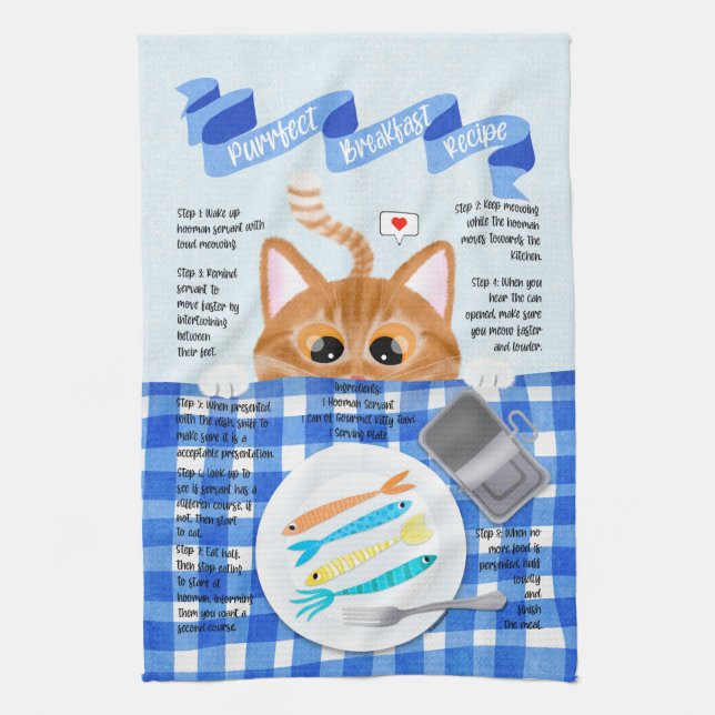 Cute Funny Orange Cat Breakfast Recipe Kitchen Towel (Vertical)