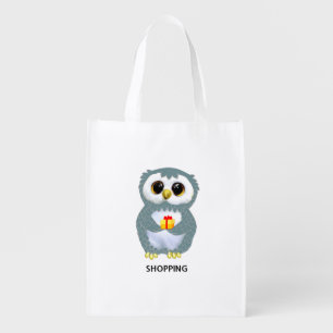 Cute funny owl with gift & editable text grocery bag