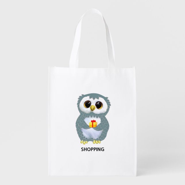 Cute funny owl with gift & editable text grocery bag (Front)