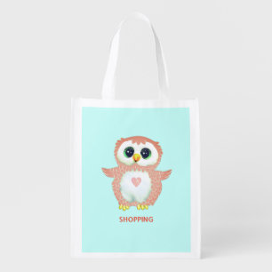 Cute funny owl with heart & editable text grocery bag
