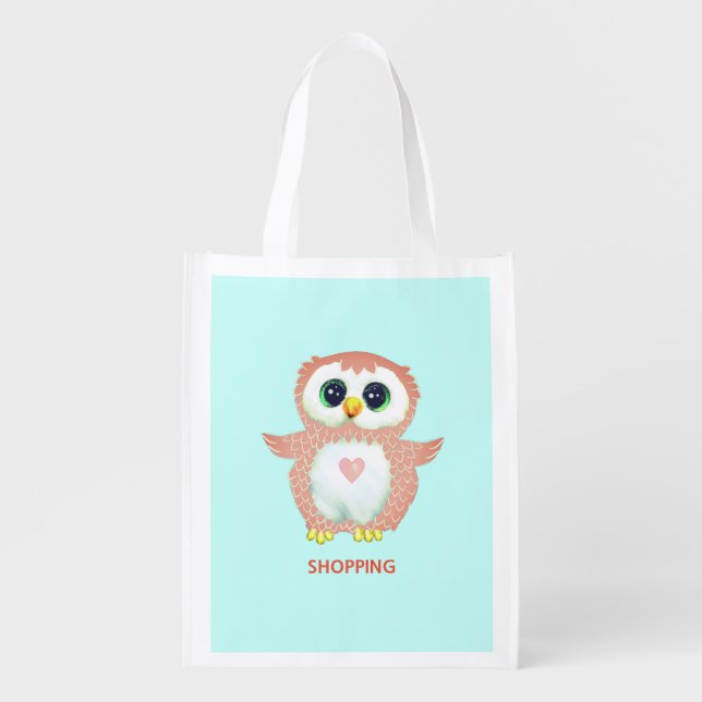 Cute funny owl with heart & editable text grocery bag (Front)