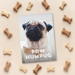 Cute Funny Paw Hum Pug Dog Pet Holiday Photo Card<br><div class="desc">This cute, funny holiday photo card features a greeting that says "Paw Hum Pug" in white over a full vertical photo. This is the perfect design for a pug owner! The backer features a simple red and white diagonal stripe pattern. To customize this design further, you could add another photo...</div>