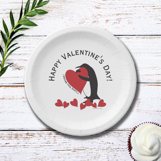 Cute Funny Penguin Red Heart Valentine's Day Paper Plates (Creator Uploaded)