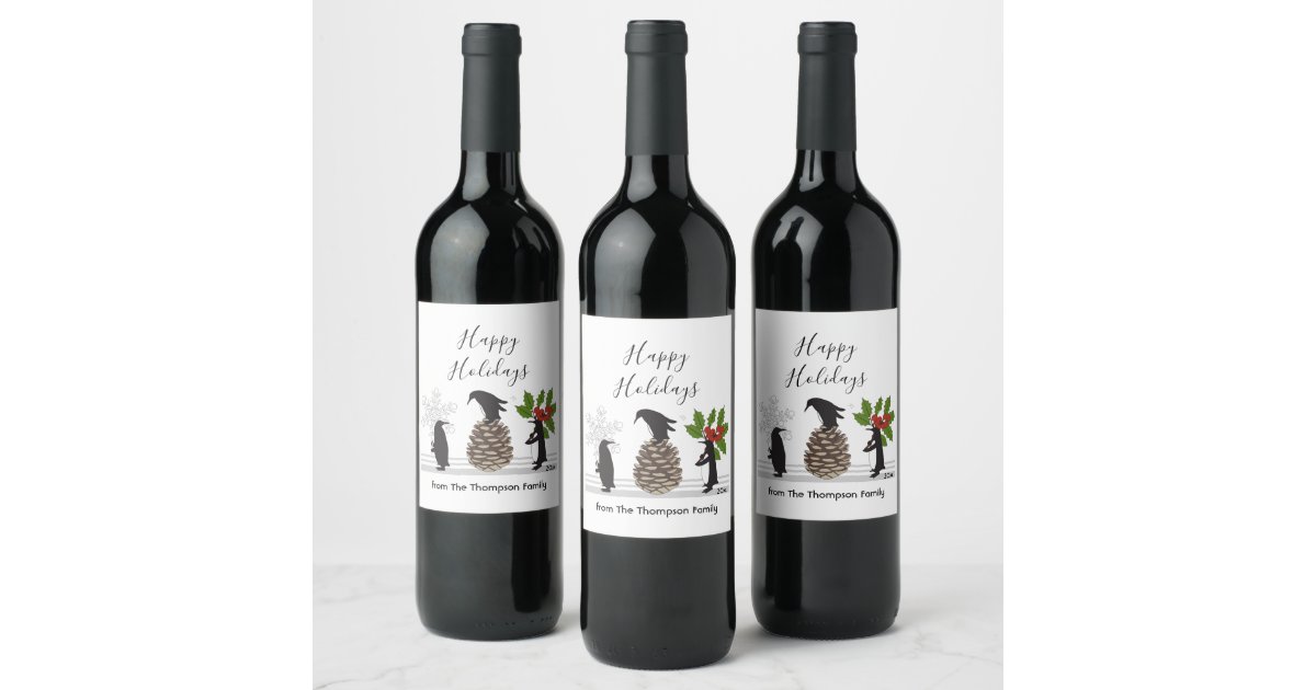 Cute Funny Penguins Whimsical Happy Holidays Wine Label | Zazzle