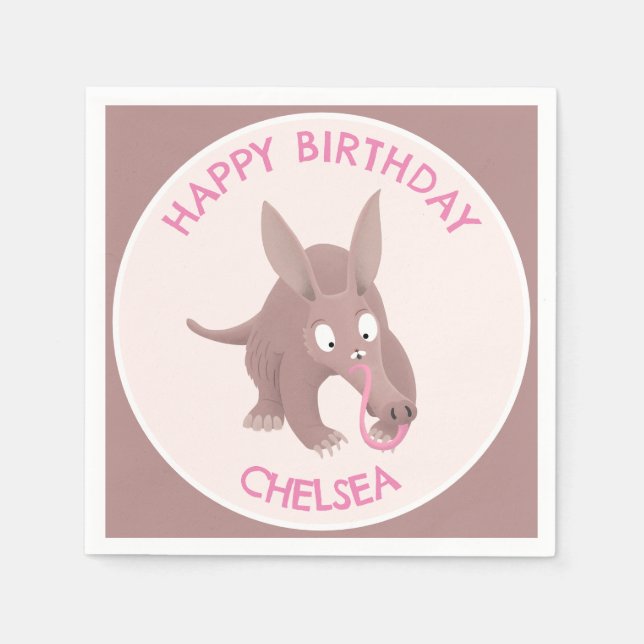 Cute funny personalised aardvark birthday napkins (Front)