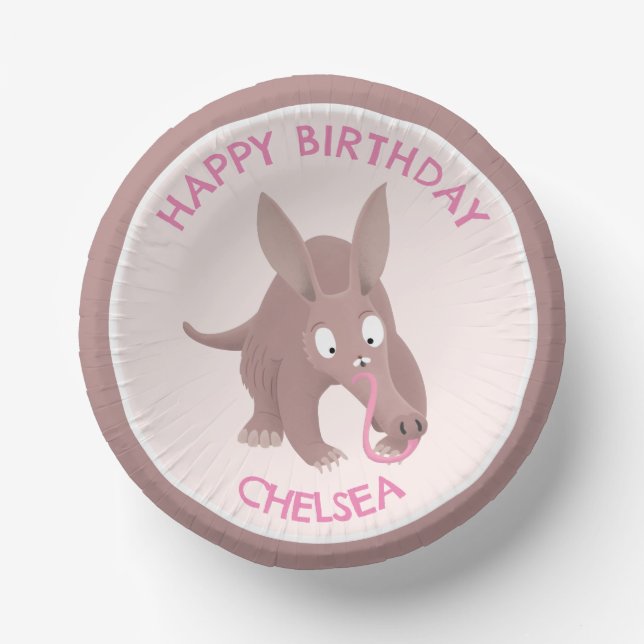 Cute funny personalised aardvark birthday paper bowls (Front)