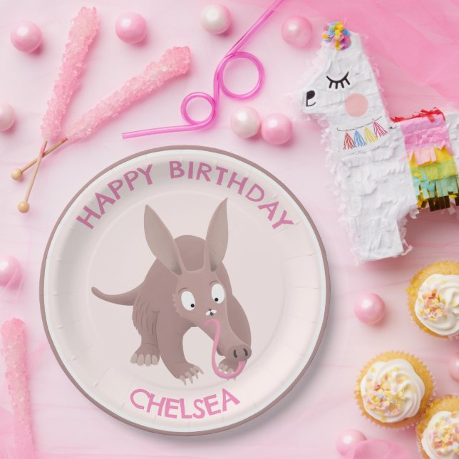 Cute funny personalised aardvark birthday paper plates (Party)