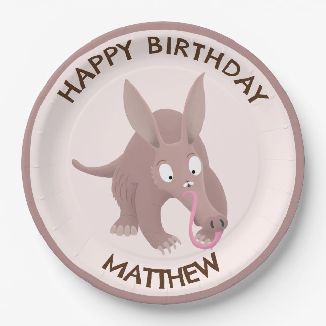 Cute funny personalized aardvark birthday paper plates (Front)