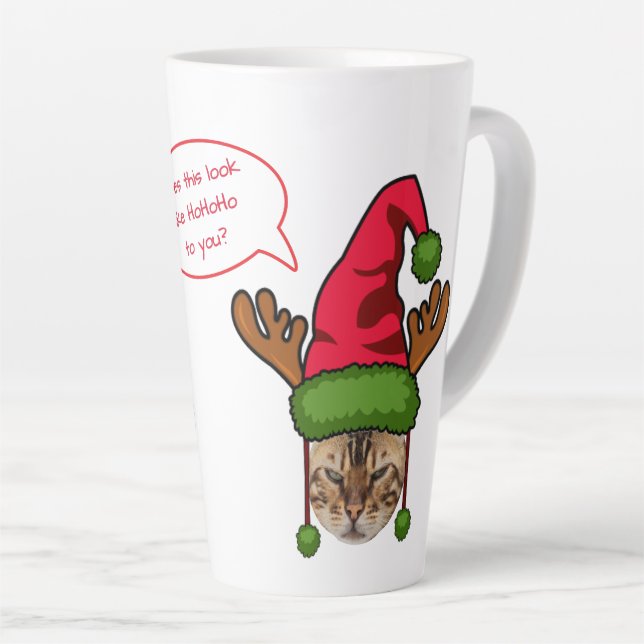 Cute Funny Personalized Cat in Xmas Hat Christmas Latte Mug (Right Angle)