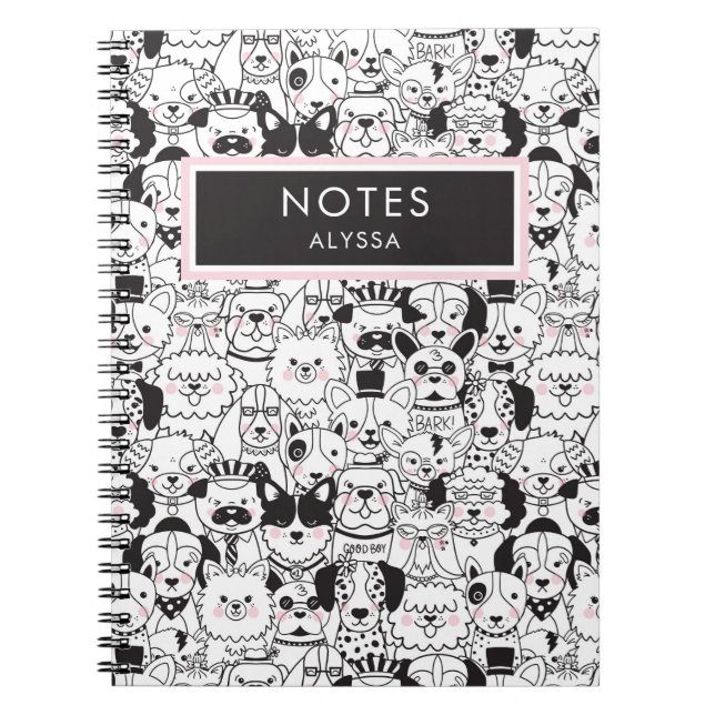 Cute Funny Personalized Dog Breeds Black and White Notebook (Front)